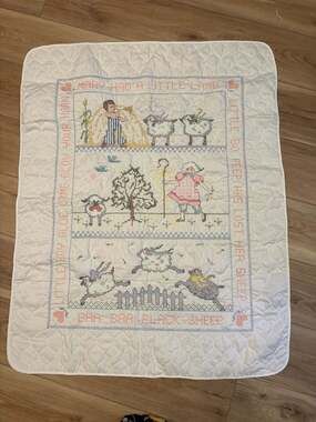 Vintage Hand-Stitched Nursery Rhyme Cross-Stitch Quilt